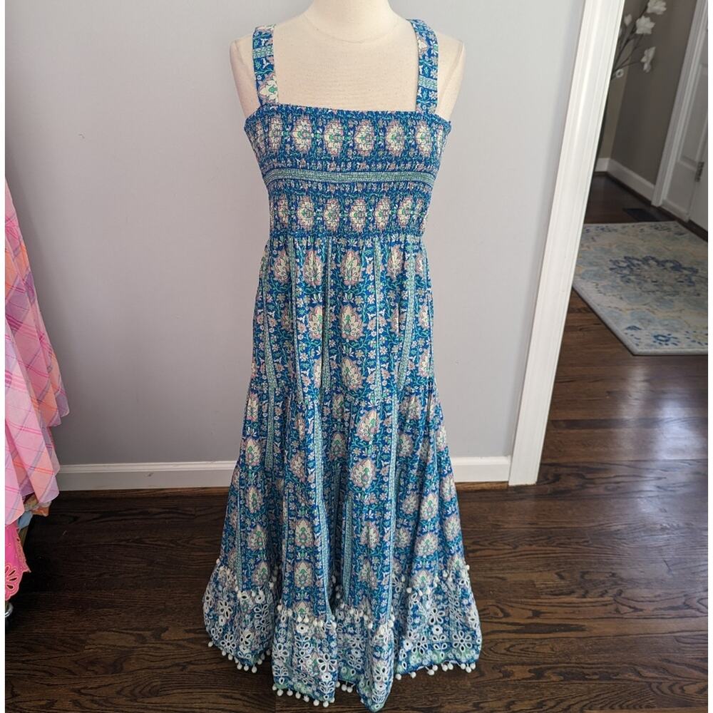 Womens Zara Printed Blue Patterned Maxi Dress Large Smocked Lace Bohemian - Picture 2 of 7